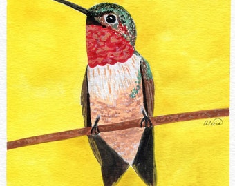 Ruby Throated Hummingbird Original 6x6 Gouache Painting - yellow background