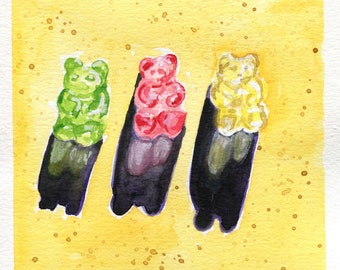 Gummies - bright yellow, Original Watercolor Painting 6x6