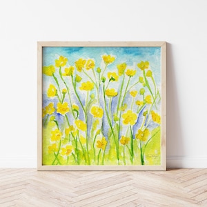 Bright Buttercup Flowers, Hand Painted Watercolor Art, Yellow Flowers, Buttercups, Modern Art Print, Gallery Wall, Living Room, Kitchen
