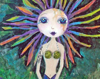 Rainbow Mermaid, ACEO, Mini Art Print, Collectible Art, Soulful Art, Mermaid Art, Gift Card, Trading Card, Mixed Media Art Print, Art Card