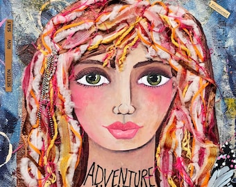 Aspen - Strong Woman, Soulful Girl, Adventure, Big Eyes, mixed media art, original painting by Alicia Hayes