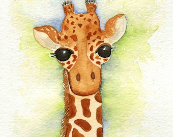 Baby Giraffe original watercolor painting, animal art, Watercolor giraffe painting, baby animals, 6x6 original watercolor art