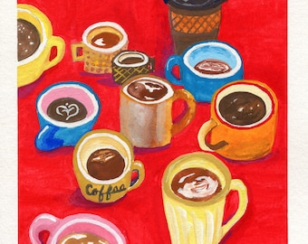Mugs mugs mugs original gouache painting, coffee art, gouache coffee painting, latte, coffee, iced coffee, 6x6 original gouache art