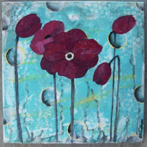 Canvas Painting - Red Poppy Flowers -  Mixed Media Original Painting, Floral, abstract, collage, texture, colorful, original art