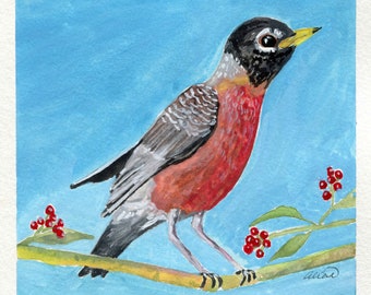 American Robin Original 6x6 Gouache Painting