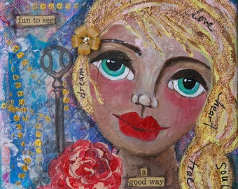 Jocelyn - Strong Woman, Soulful Girl, Adventure, Big Eyes, mixed media art, original painting by Alicia Hayes