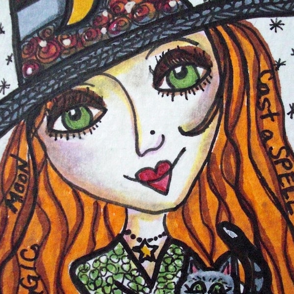 MOON MAGIC, Witch, ACEO, Halloween, Mini Art Print, Doodle Art, Pen and Ink, Gift Card, Trading Card, Art Print, Alicia Hayes Art