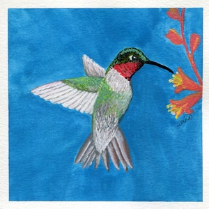 Ruby Throated Hummingbird - Original Painting, Gouache, Watercolor, Bird, cute bird, little bird, hand-painted art, 6x6, small art