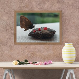 Op de afbeelding: Een ingelijste foto met een bruine vlinder op een donker, gestructureerd object met rode druppels. De afbeelding staat tegen een neutrale achtergrond, met een vaas en bloemen op een tafel op de voorgrond.