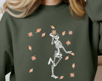 Skeleton Dancing Fall Leaves Sweatshirt, Halloween Graphic Shirt, Spooky Season Skeleton T-Shirt
