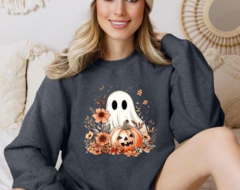 Ghost Pumpkin Sweatshirt, Spooky Halloween Crewneck, Boo Floral Shirt
