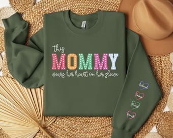 This Mommy Wears Her Heart On Sleeve Sweatshirt, Personalized Mom Crewneck Sweater, Tee