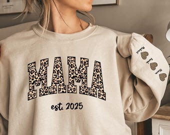 Personalized Leopard Mama Sweatshirt with Kids Names on Sleeve - Mother's Day Gift - Tee