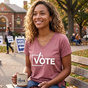 May include: A dusty rose V-neck t-shirt with rolled sleeves featuring a white graphic of a square checkbox with a checkmark and the word VOTE. A matching ceramic mug with the same VOTE graphic is held in one hand, showing a dark beverage inside.