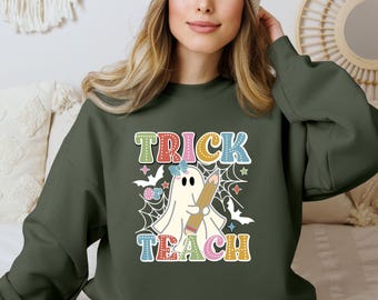 Trick or Teach Halloween Crewneck Sweatshirt, Retro Ghost Teacher Shirt