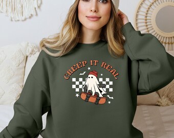 Creep It Real Ghost Skateboard Sweatshirt, Halloween Crewneck Shirt, Ghost Design with V-Neck Tshirt