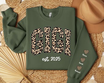 Personalized Gigi Sweatshirt - Leopard Grandma Crewneck With Kids Name On Sleeve