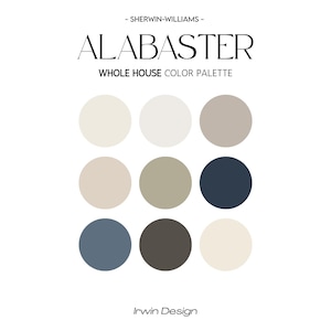 Alabaster Sherwin Williams Paint Palette, Calm Coastal Paint, Whole House Paint Palette, Beach House, Calm Color Palette, Modern Farmhouse