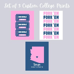 Custom Set of 3 College Prints, Digital Downloads, Dorm Decor, Wall Art, Personalized College/ University, College Prints, Apartment Decor