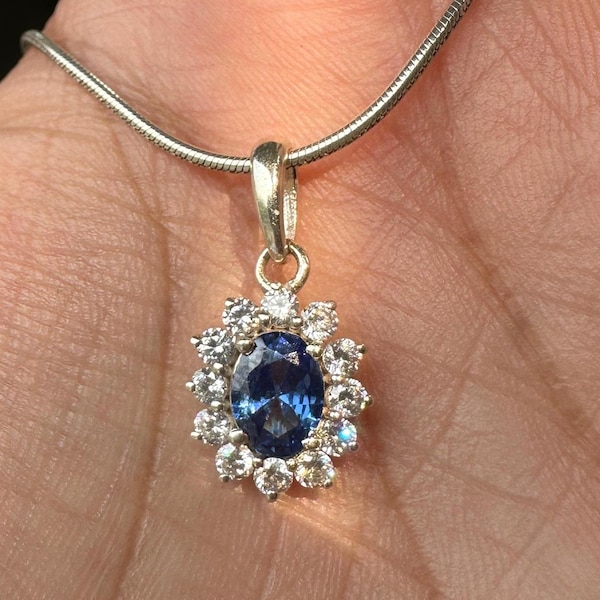 Sapphire Sunflower Pendant | Moissanite Halo, 925 Sterling Silver Necklace
