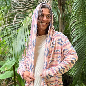Handmade Mens Open Pullover with Hood and Pockets | Pink Tribal Aztec Knit