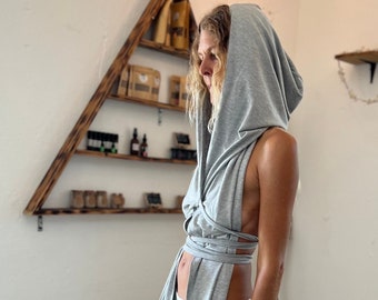 Hooded Long Length Asymmetric Top in Cotton Jersey in Gray