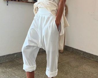 Organic Cotton Boho Capri Harem Pants White Unisex Drop Crotch Trousers
