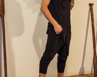Handmade Jogger Style Drop Pants in Black Cotton