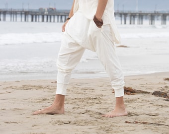 Organic Cotton White Harem Pants Men: Edgy Samurai Yoga Sarouel