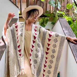 Handwoven Cotton Poncho in Black and Red Hand Block Print | Boho Chic Cape | Eco-Friendly Artisan Wrap
