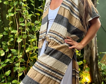 Brown Beige Handwoven 100% Cotton Long Robe with Fringe, Ceremony Robe, Lounge Wear