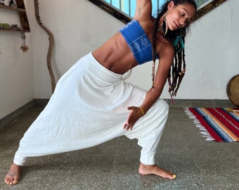 Organic White Cotton Harem Pants: Relaxed Fit Boho Yoga Trousers