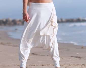 White Cotton Harem Pants, Kundalini Yoga White Pants, Samurai Pants, Mens Yoga Pants