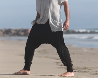 Black Cotton Drop Crotch Harem Pants: Men's Yoga Trousers