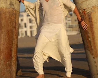 Organic Cotton White Minimalist Style Harem Pants Men, Clothing Unisex Relaxed Fit Boho Trousers