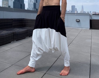 Black & White Harem Pants Men: Drop Crotch Sarouel, Burning Man Clothing
