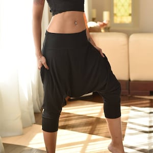 Black Cotton Jersey Harem Pants: Dropcrotch Style