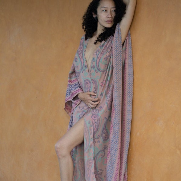 Rouge Dusty Pink Soft and Flowing Long Kimono Robe with Pasley Print, Limited Edition