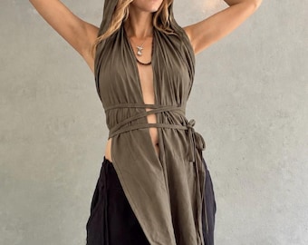 Hooded Long Length Asymmetric Top in Cotton Jersey in Olive