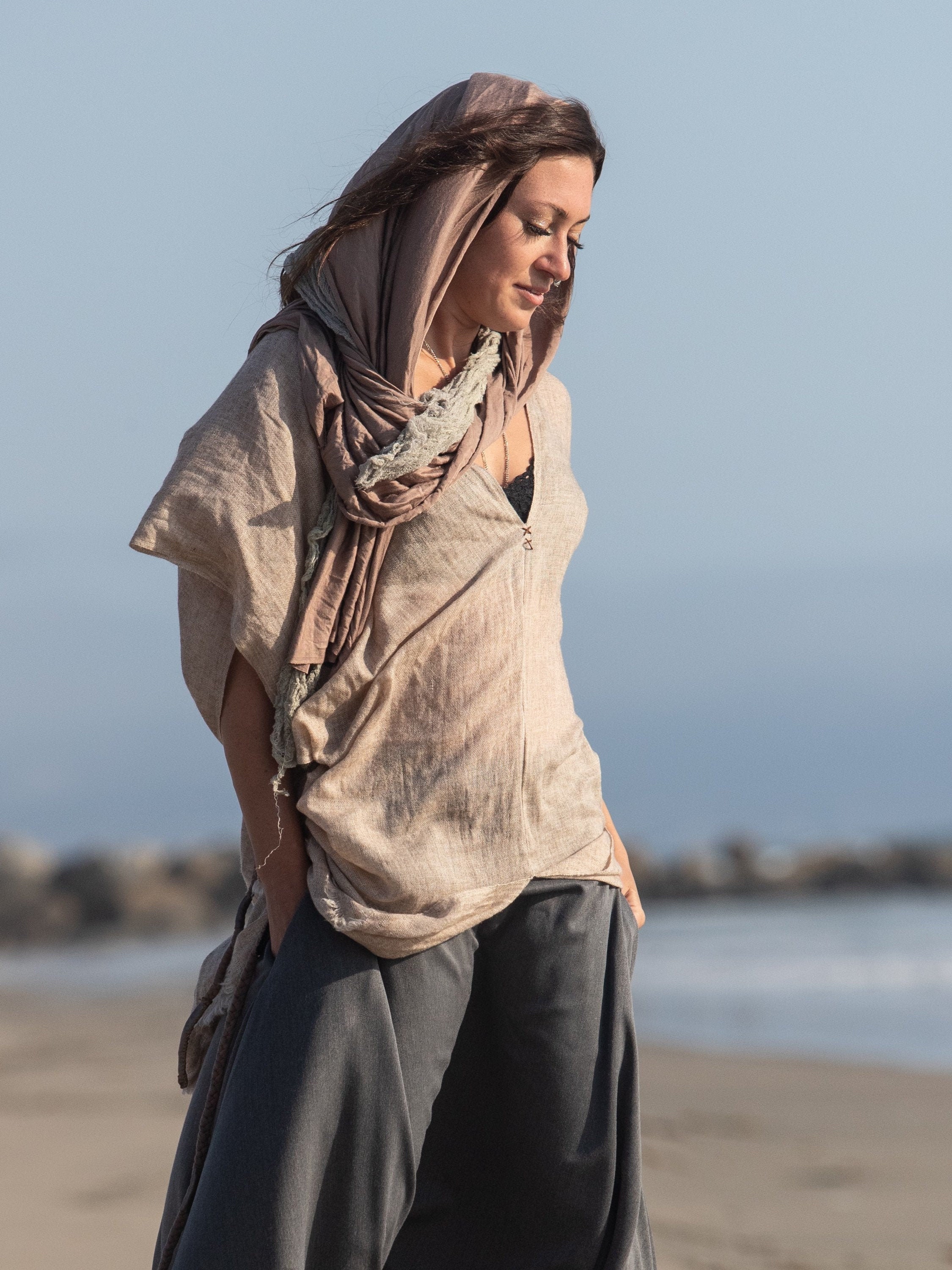 Beige Handcrafted Desert Scarf With Hand Dyed Gauze Layer