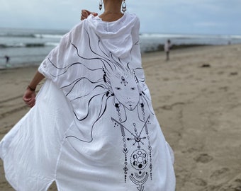 Designer Wearable Art Print Long Kimono Robe Black or White