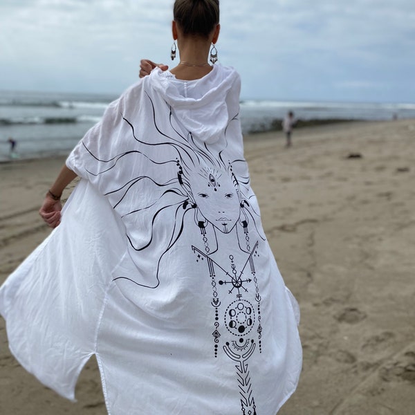 Designer Wearable Art Print Long Kimono Robe Black or White