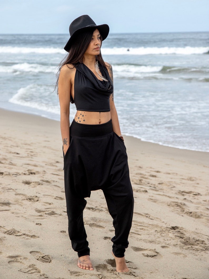 Black Cotton Jersey Loose Fit Harem Pants Women's Streetwear image 5