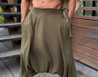 Handmade Harem Pants for Men in Olive Cotton