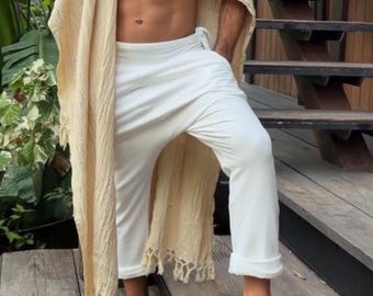 White Cotton Dropcrotch Harem Pants Unisex Clothing, Festival Outfit, Baggy Trousers Men