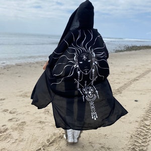 白黒の着られるアート着物、儀式用ショール、儀式用ローブ、セレモニー用ローブ、着物ローブ、ローブ ボエム、ラウンジウェア