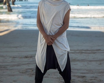 Asymmetrical Mens Nomadic White Cotton Top Festival Wear