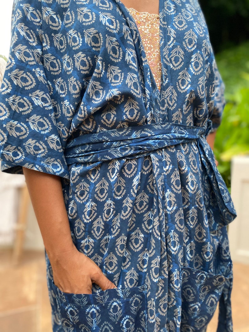 Handmade Block Print Kimono Robe in Indigo, Lounge Wear, Fun Resort Robe image 10