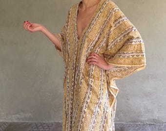 Handcrafted Hand-Block Printed 100% Cotton Caftan Dress in Yellow Tone Tribal Print