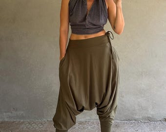 Handmade Harem Pants for Women in Olive Cotton